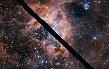 Comparação de imagens da Nebulosa da Tarântula com e sem óptica adaptativa