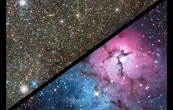 Jämförelse av Trifidnebulosan i synligt och infrarött ljus