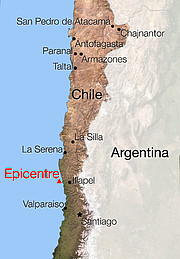 Karte von Chile mit der Lage des Epizentrums vom Erdbeben am 16. September 2015