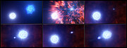 There are six panels comprising this image. In each are two bright, blue-white objects on a dark hazy background. In the top left panel, they sit far apart from each other towards the top right and bottom left, both large in size. In the second panel, the object to the top right shrinks and is surrounded by a red and black cloud, seemingly streaking outwards from the object. In the third panel, this object has lost its cloud, and is even smaller. In the fourth panel, the objects have switched places, and they are closer together. In the fifth panel, they switch places again. The smaller object is now disc-shaped. In the sixth panel, they switch places once again. A wispy cloud connects the objects in the middle.