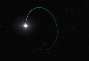 Das Bild zeigt die künstlerische Darstellung eines massereichen, hell weiß-gelb leuchtenden Sterns, der ein stellares schwarzes Loch umkreist. Die Umlaufbahn des Sterns ist elliptisch, schwach blau umrissen und die Hauptachse ist vertikal ausgerichtet. Das schwarze Loch ist nur als roter, kreisförmiger Umriss sichtbar und befindet sich am unteren Ende der Ellipse.