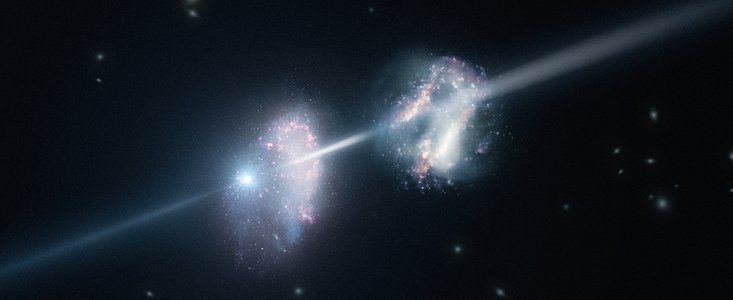 Impresión artística de un estallido de rayos gamma brillando a través de dos galaxias jóvenes en el Universo temprano
