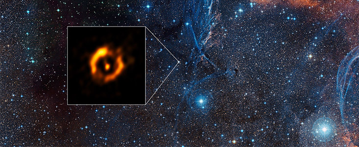 Stoftskivan omkring den åldrande dubbelstjärnan IRAS 08544-4431