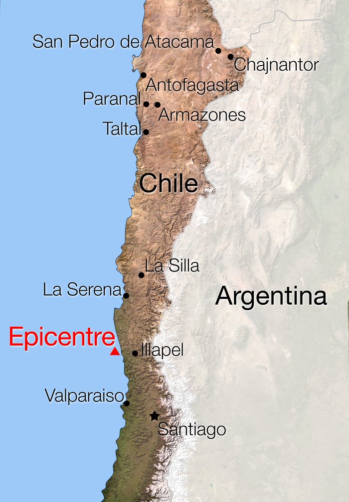 Mapa do Chile que mostra a localização do terramoto de 16 de setembro de 2015