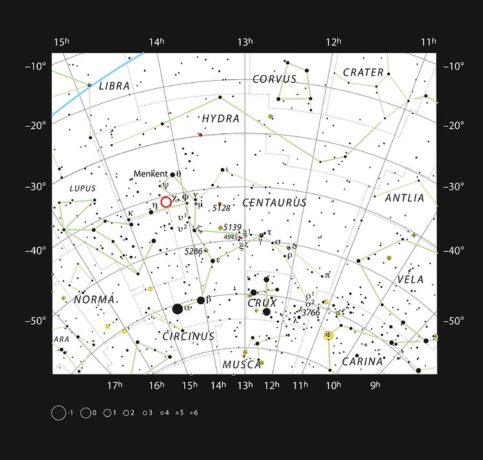 The image shows a constellation map of Centaurus. The vertical axis scale is in degrees, while the horizontal axis is in units of hours. Along the bottom there is a scale to compare the brightness of different stars. Centaurus sits centrally in the map; around it are the constellations Hydra and Vela, among others.