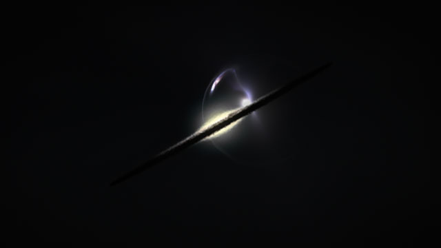 Tegning af et fjernt galaksesammenstød, set igennem en gravitationslinse