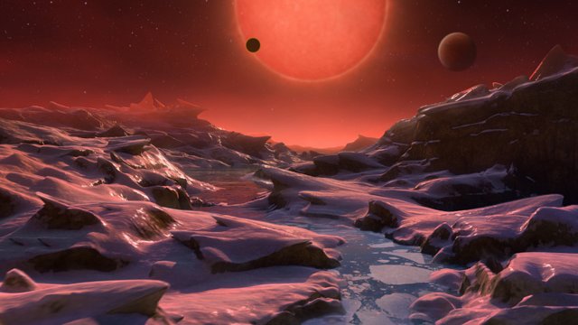 Impressão artística da estrela anã muito fria TRAPPIST-1 a partir da superfície de um dos seus planetas