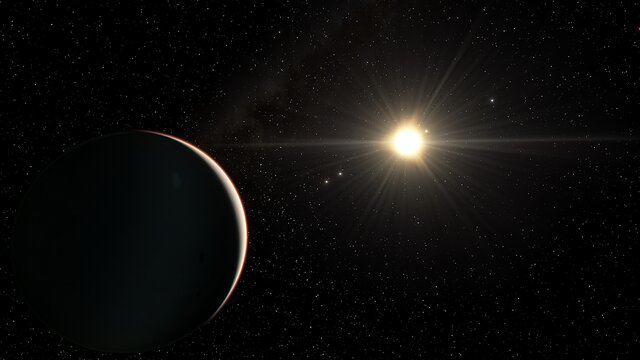 Representação artística animada do sistema com seis exoplanetas