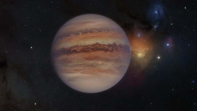 Animovaná představa toulavé planety v oblasti Rho Ophiuchi
