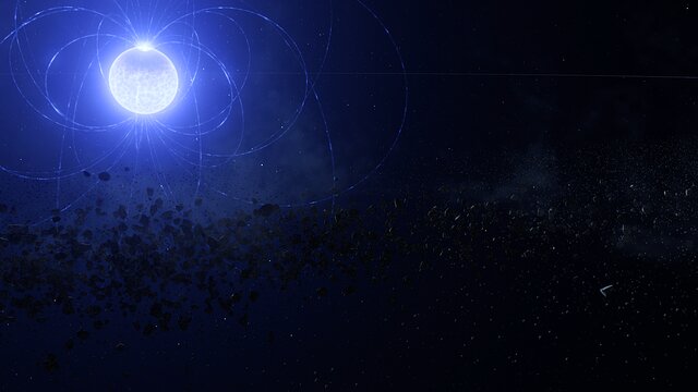 Animação artística de WD 0816-310, uma anã branca magnética a ingerir fragmentos planetários