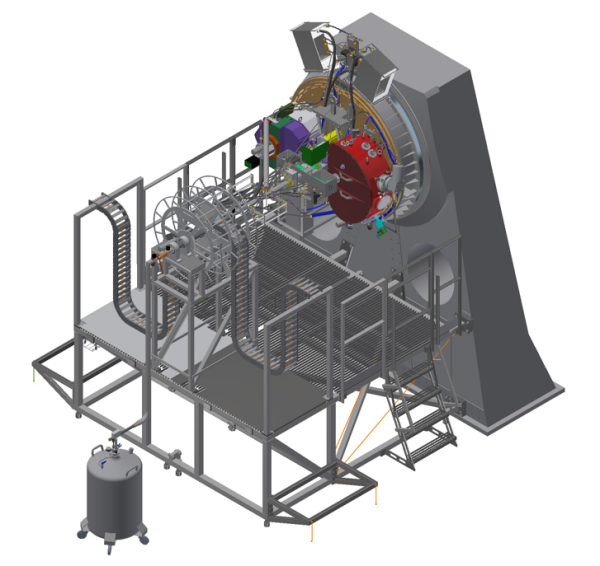 General SoXS view (on NTT platform and SOFI derotator). The reference system shown is centered on the NTT Nasmyth focus. General SoXS view (on NTT platform and SOFI derotator). The reference system shown is centered on the NTT Nasmyth focus.
