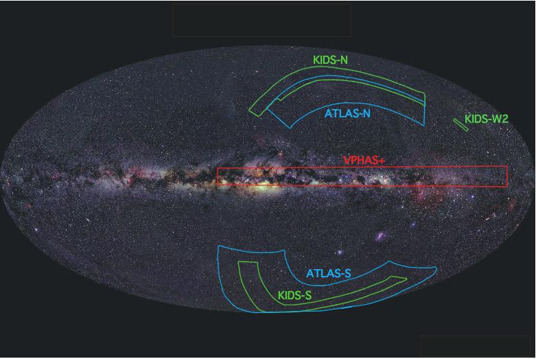 Sky coverage of VST surveys. overlayed on a 2MASS image of the whole sky Sky coverage of VST surveys. overlayed on a 2MASS image of the whole sky