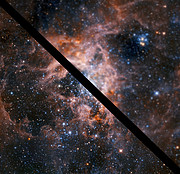 Immagine di confronto della Nebulosa Tarantola con e senza ottiche adattive