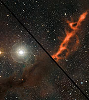 Mouseover comparison of a star-forming filament in Taurus seen at millimetre-range wavelengths and in visible light