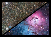 Jämförelse av Trifidnebulosan i synligt och infrarött ljus