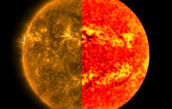 Vergleich der Sonnenscheibe im ultravioletten und Millimeter-Wellenlängen-Licht