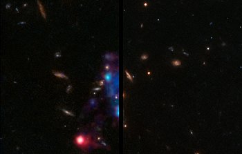 Vergleichsbild der Galaxiengruppe COSMOS-Gr30 aufgenommen mit Hubble und MUSE