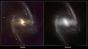 Comparación de imágenes de la galaxia NGC 1365 en luz visible e infrarroja