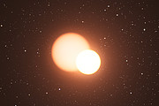 Impresión artística de la inusual estrella doble OGLE-LMC-CEP0227