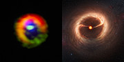 Vergelijking van de ALMA-waarnemingen en de artist’s impression van de schijf en gasstromen rond HD 142527
