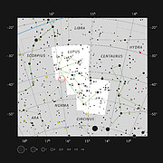 Positie van de jonge ster HD 142527 in het sterrenbeeld Wolf