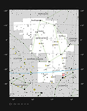 Beliggenheden af systemet Oph-IRS 48 i stjernebilledet Ophiuchus