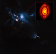 Sammensat billede af HL Tauri fra ALMA og Hubble Rumteleskopet