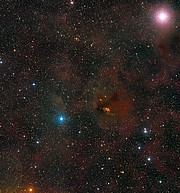 Different size dots of white, blue and orange are speckled across this image, along with hazy blobs of red and brown. Where the blobs are more opaque, fewer dots can be seen. There are so many objects that the dark background is almost fully obscured.
