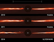 Images du disque qui entoure AU Microscopii, acquises par Hubble et le VLT