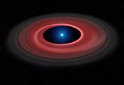 Vue d'artiste du disque de matière rougeoyante autour de la naine blanche SDSS J1228+1040