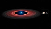 Vue d'artiste du disque de matière entourant SDSS J1228+1040 et du système d'anneaux de Saturne