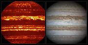 Comparação de duas imagens de Júpiter, uma no visível e outra obtida pelo VISIR