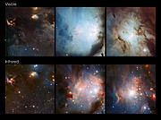 Vergelijking tussen delen van M78 en omgeving in zichtbaar en infrarood licht