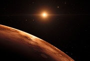 Artist’s impression van het uitzicht vanuit een verre planeet van het TRAPPIST-1-stelsel