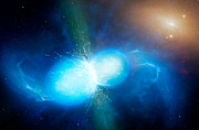 Imagem artística de estrelas de neutrões coalescentes