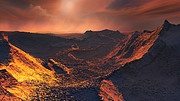 Imagem artística da superfície de uma super-Terra em órbita da Estrela de Barnard
