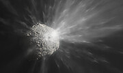 Taiteilijan näkemys tilanteesta DART-luotaimen törmättyä Dimorphos-asteroidiin