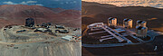 Here are two images of ESO’s Very Large Telescope, as seen from the air above the mountain top where it sits. The surrounding area is a mountainous desert region, the Atacama Desert in Chile. The left picture shows the telescopes under construction. Each of the large unit telescopes is cylindrical in shape, with the leftmost one nearing completion while progressively less has been built of the telescopes on the right. By comparison, the right hand image shows the VLT today, with all four Unit Telescopes and surrounding auxiliary equipment complete.