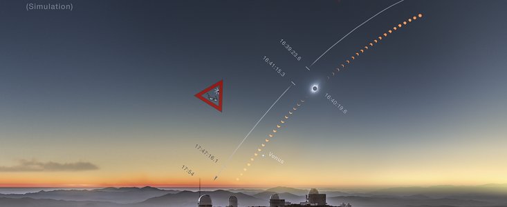 Simulazione dell’eclissi di sole totale del 2019 con bel tempo nel cielo sopra La Silla