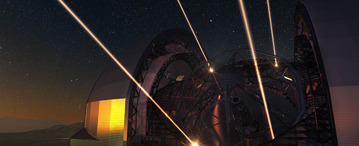 Künstlerische Darstellung des European Extremely Large Telescope mit Lasern für die Adaptive Optik im Einsatz
