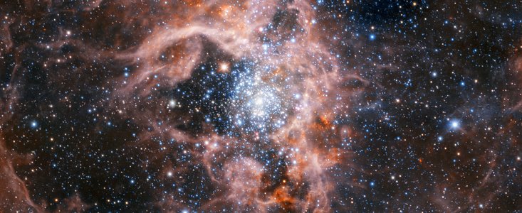 A região da Nebulosa da Tarântula obtida com o HAWK-I e a Infraestrutura de Óptica Adaptativa
