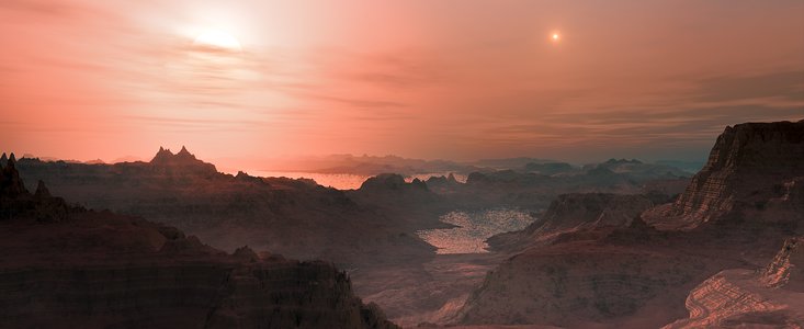 Taiteilijan näkemys auringonlaskusta Gliese 667 Cc -nimisellä supermaapallolla