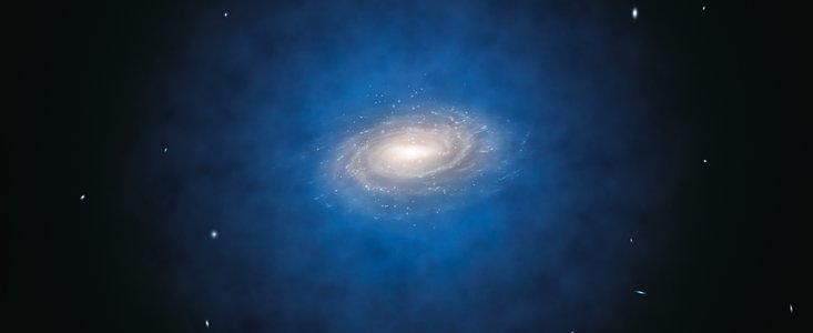Impressão artística da distribuição de matéria escura esperada em torno da Via Láctea
