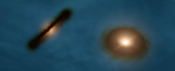 Představa protoplanetárních disků kolem složek mladé dvojhvězdy HK Tauri