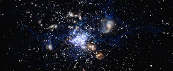 En galaxhop i vardande i det unga universum enligt ESO:s rymdkonstnär