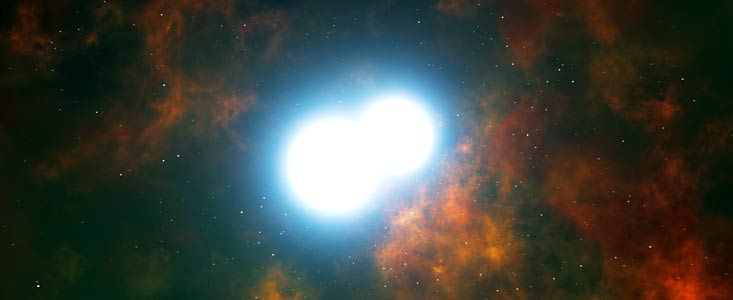 Artist’s impression van twee witte dwergsterren die gedoemd zijn om samen te smelten en een supernova van type Ia te veroorzaken