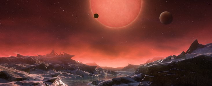 Impressão artística da estrela anã muito fria TRAPPIST-1 a partir da superfície de um dos seus planetas