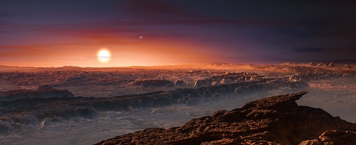 Artist's impression van de planeet die rond Proxima Centauri draait