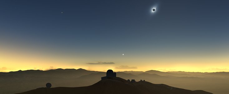 Rappresentazione artistica dell'eclissi di sole del 2019 vista da La Silla