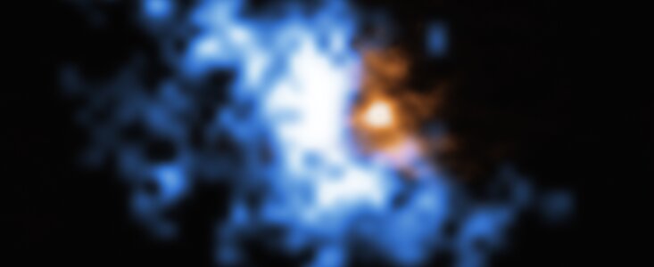Plynné halo na záběru pořízeném pomocí MUSE obklopující interagující galaxie zachycené radioteleskopem ALMA